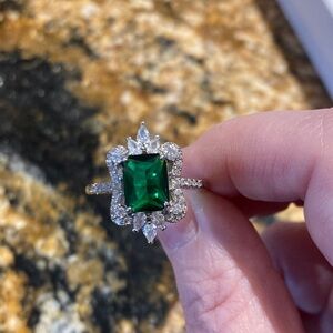 Elegant Green Gemstone Silver Ring size 8.5 vintage look engagement rings